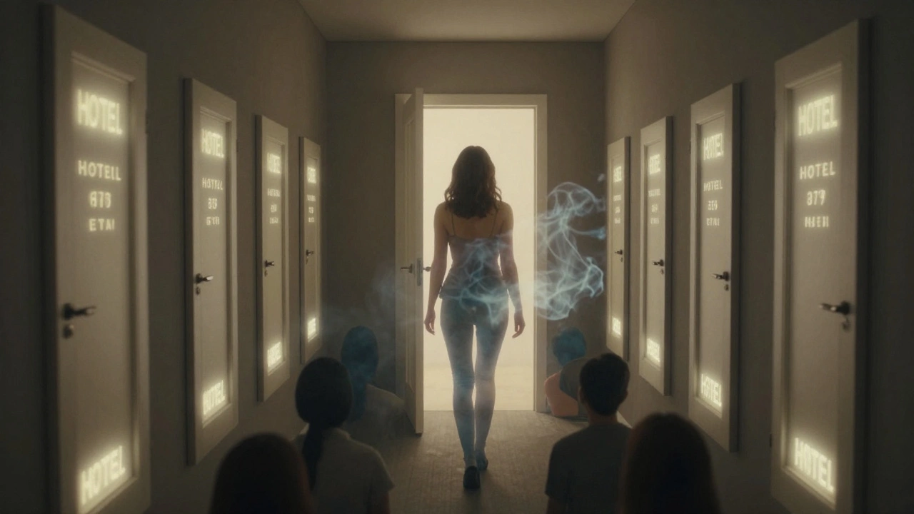 A translucent woman walks through a hallway of glowing hotel doors, part of her fading into smoke, one door glowing ahead.