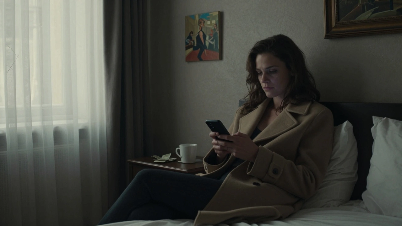 A woman sits on a hotel bed holding a burner phone, morning light filtering in, a painting visible behind her.