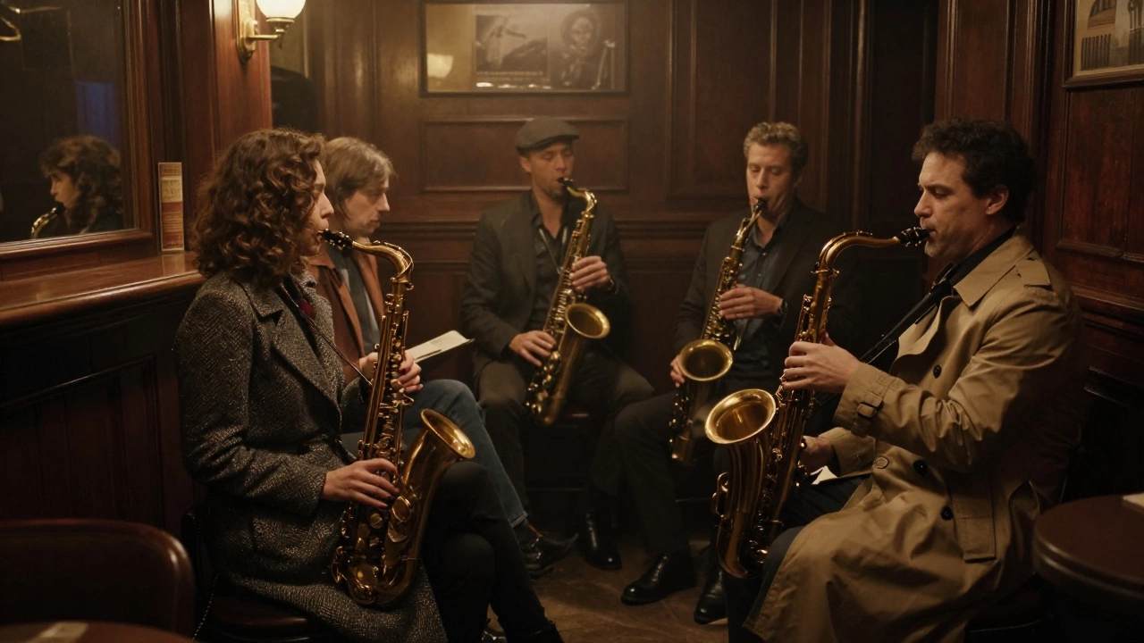 Two people in a dim jazz bar in Saint-Germain, enjoying music and quiet conversation.